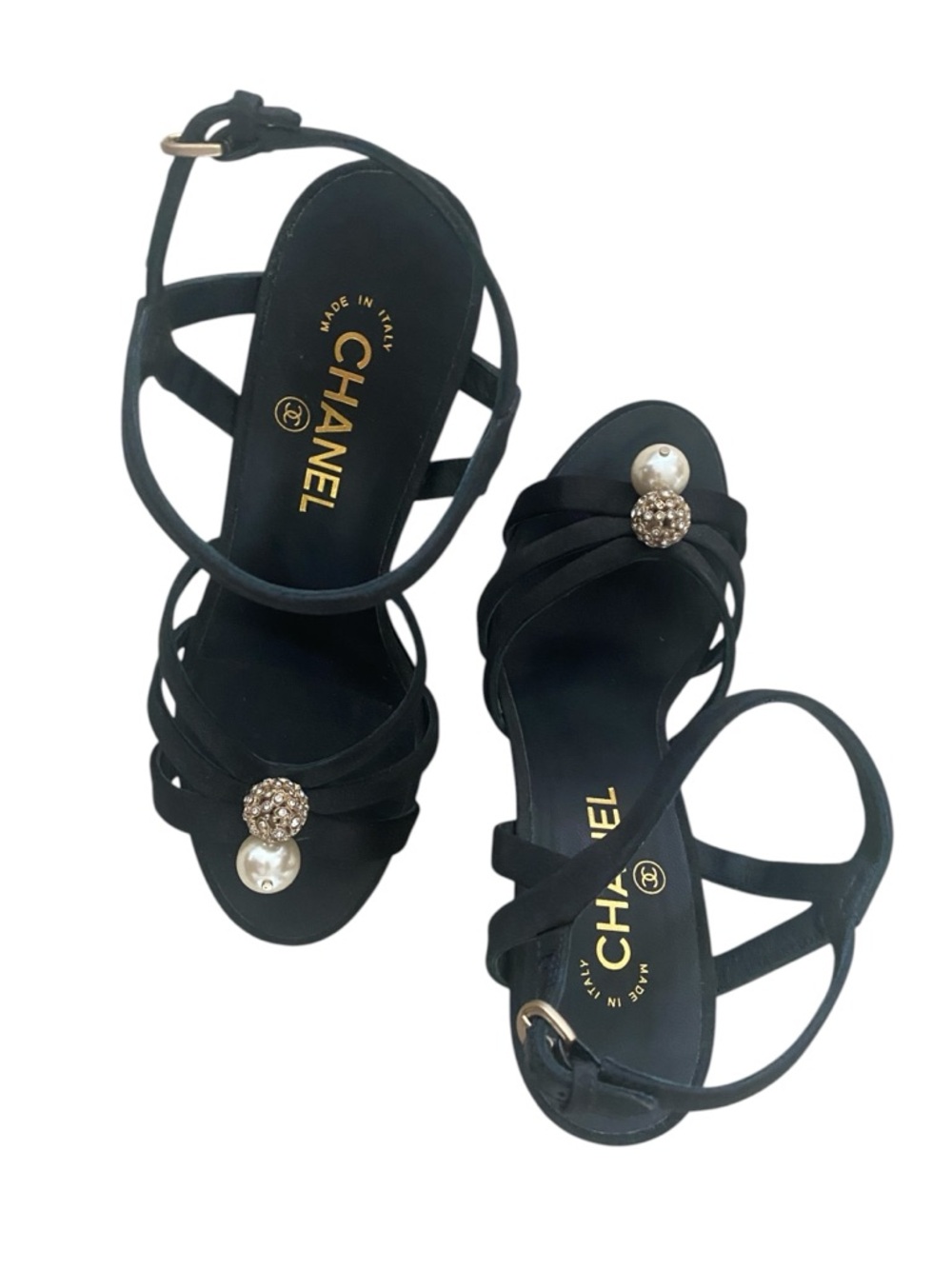 CHANEL Black Satin Strappy Heels with Pearl & Crystal Ornaments size 40 - Picture 5 of 11